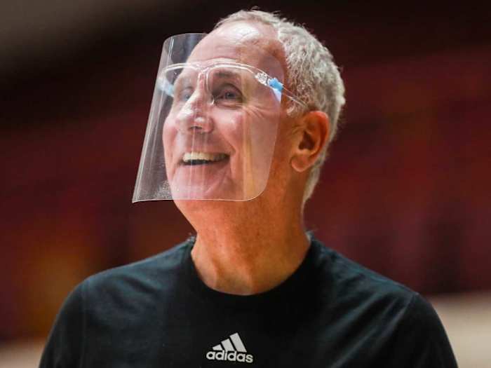 Bellarmine men's basketball head coach Scott Davenport smiles while talking with his team during a recent practice.